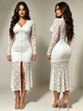 Lace V Neck Long Sleeve Midi Dress GADE-8416
