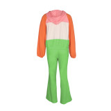 Color Block Long Sleeve Coat Two Piece Pants Set AIL-366