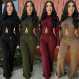Long Sleeve Hollow Out Two Piece Pants Set BY-7806