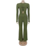 Long Sleeve Hollow Out Two Piece Pants Set BY-7806