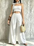 Halterneck Solid Color Ruched Wide Leg Pants Suit QYMF-M607