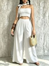 Halterneck Solid Color Ruched Wide Leg Pants Suit QYMF-M607