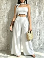 Halterneck Solid Color Ruched Wide Leg Pants Suit QYMF-M607