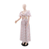 Cherry Print Puff Sleeve Top Two Piece Skirts Set GYLY-10924