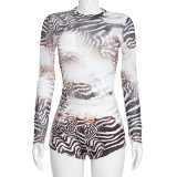 Leopard Print Mesh Top Two Piece Shorts Set MXBF-D26ST300