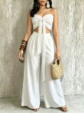Halterneck Solid Color Ruched Wide Leg Pants Suit QYMF-M607