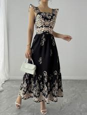 Print Sleeve Square Neck Midi Dress GYLY-10801