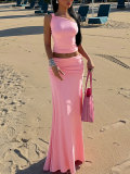 Slash Shoulder Top Ruched Long Skirt Suit HNIF-YY046