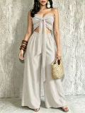 Halterneck Solid Color Ruched Wide Leg Pants Suit QYMF-M607
