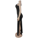 Hot Drill Mesh Ruched Maxi Dress+Sling Maxi Dress 2 Piece Set BY-7793