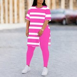 Plus Size Stripe Print Short Sleeve Two Piece Pants Set QXLB-XRB-ZI86UY