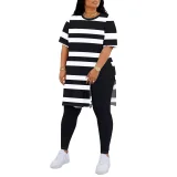 Plus Size Stripe Print Short Sleeve Two Piece Pants Set QXLB-XRB-ZI86UY