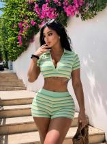Stripe Lapel Neck Two Piece Shorts Set GTGE-MH1037