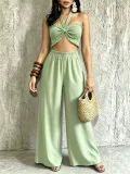 Halterneck Solid Color Ruched Wide Leg Pants Suit QYMF-M607