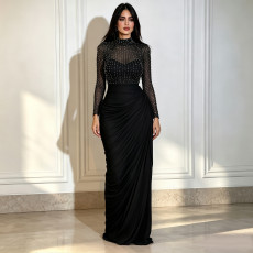 Hot Drill Mesh Ruched Maxi Dress+Sling Maxi Dress 2 Piece Set BY-7793