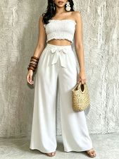 Halterneck Solid Color Ruched Wide Leg Pants Suit QYMF-M607