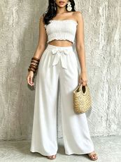 Halterneck Solid Color Ruched Wide Leg Pants Suit QYMF-M607