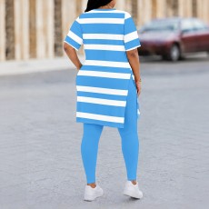 Plus Size Stripe Print Short Sleeve Two Piece Pants Set QXLB-XRB-ZI86UY