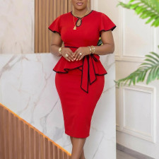 Plus Size Color Block Lace Up Ruffles Midi Dress GCZF-8670