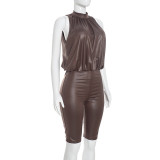Sleeveless Solid Color Ruched Jumpsuit MXBF-Q26JP146