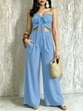 Halterneck Solid Color Ruched Wide Leg Pants Suit QYMF-M607