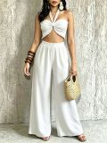 Halterneck Solid Color Ruched Wide Leg Pants Suit QYMF-M607