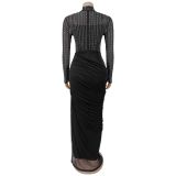 Hot Drill Mesh Ruched Maxi Dress+Sling Maxi Dress 2 Piece Set BY-7793