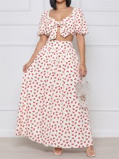 Cherry Print Puff Sleeve Top Two Piece Skirts Set GYLY-10924