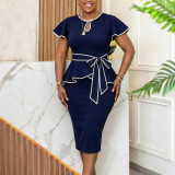 Plus Size Color Block Lace Up Ruffles Midi Dress GCZF-8670