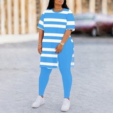 Plus Size Stripe Print Short Sleeve Two Piece Pants Set QXLB-XRB-ZI86UY