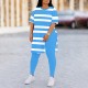 Plus Size Stripe Print Short Sleeve Two Piece Pants Set QXLB-XRB-ZI86UY