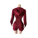 Hooded Long Sleeve Two Piece Shorts Set MEM-88716