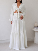 V Neck Long Sleeve Top Long Skirt 2 Piece Set HNIF-SR007