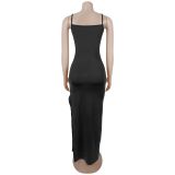 Hot Drill Mesh Ruched Maxi Dress+Sling Maxi Dress 2 Piece Set BY-7793