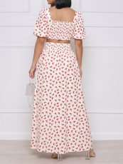 Cherry Print Puff Sleeve Top Two Piece Skirts Set GYLY-10924