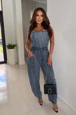 One Shoudler Denim Wide Leg Jumpsuit OSM-4506