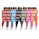 Plus Size Stripe Print Short Sleeve Two Piece Pants Set QXLB-XRB-ZI86UY