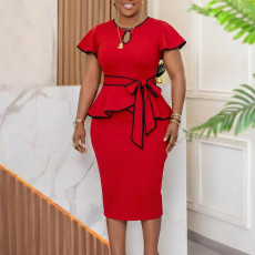 Plus Size Color Block Lace Up Ruffles Midi Dress GCZF-8670