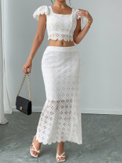 Square Neck Short Sleeve Top Long Skirt Suit GYLY-10749