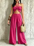 Halterneck Solid Color Ruched Wide Leg Pants Suit QYMF-M607