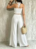 Halterneck Solid Color Ruched Wide Leg Pants Suit QYMF-M607
