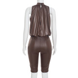 Sleeveless Solid Color Ruched Jumpsuit MXBF-Q26JP146