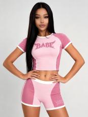 Leter Print Short Sleeve Sport Two Piece Shorts Set GTGE-MH1033