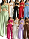 Halterneck Solid Color Ruched Wide Leg Pants Suit QYMF-M607