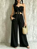 Halterneck Solid Color Ruched Wide Leg Pants Suit QYMF-M607
