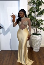 Long Sleeve See Through Hot Drill Maxi Dress GMYU-9740