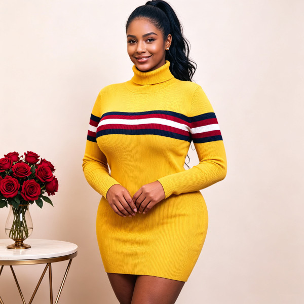 Plus Size Stripe High Collar Knits Sweater QMZF-1902
