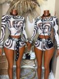 Long Sleeve Mesh Print Two Piece Shorts Set GFCF-1555
