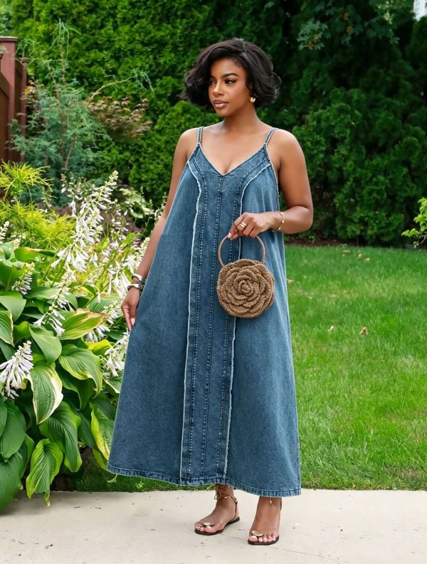 Plus Size Raw Edge Sling Denim Long Dress GYLN-6290