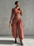 Stripe Warp Chest Top Lantern Pants 2 Piece Set GQLK-6695